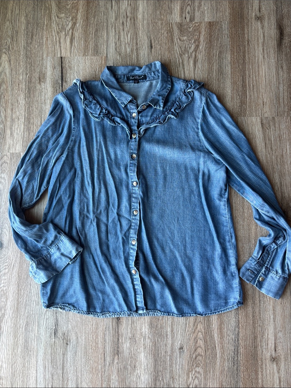 💛2 for $15! Velvet Heart Light Blue Ruffle-Trim Button-Down Shirt